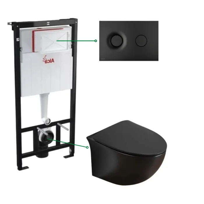 Set vas wc suspendat, rimless negru mat, Alice si rezervor incastrat cu clapeta de actionare negru mat, Alcadrain