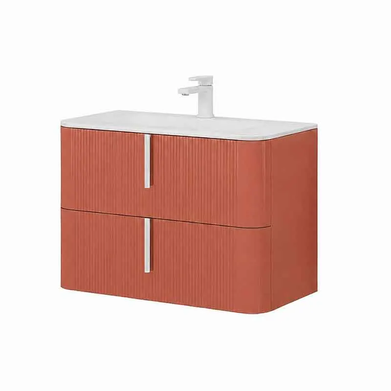 Mobilier lavoar suspendat Fluminia Pisa 80, front riflat, maner alb, 2 sertare, mattone