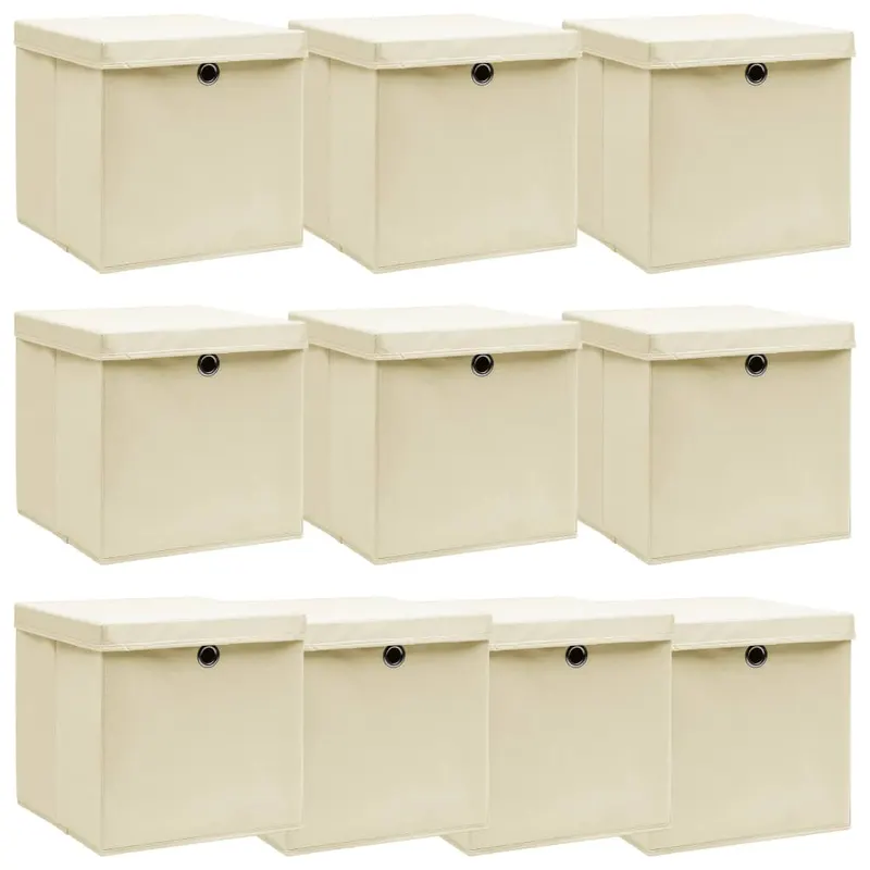 cutii depozitare cu capace 10 buc. crem, 32x32x32 cm, textil