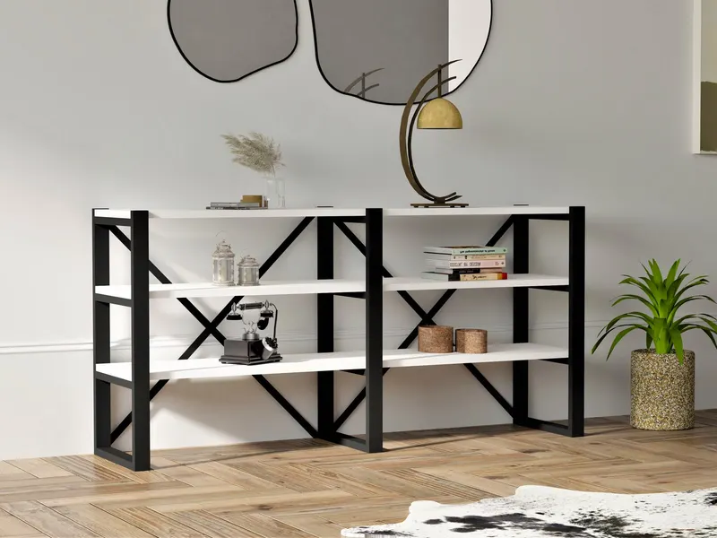 Bibliotecă Bodrum, Alb - Negru, 133x32x65 cm - Alb - Negru