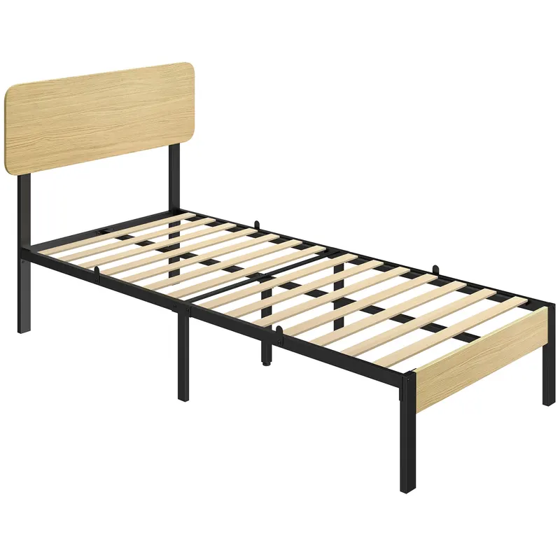 HOMCOM Cadru de pat 90 x 200 cm cu tăblie și panou la picioare, pat platformă, bază pentru saltea cu spațiu de depozitare sub pat