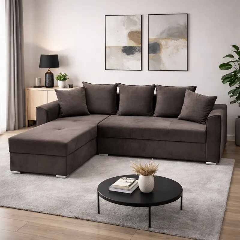 Coltar Lori, 4 locuri, cu 2 lazi de depozitare, catifea, 260x95x80 cm, culoare maro Dreapta, catifea, Maro