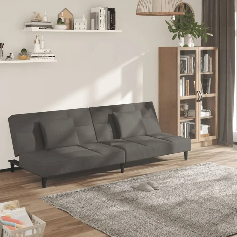 canapea extensibila cu 2 locuri, 2 perne, gri inchis, catifea
