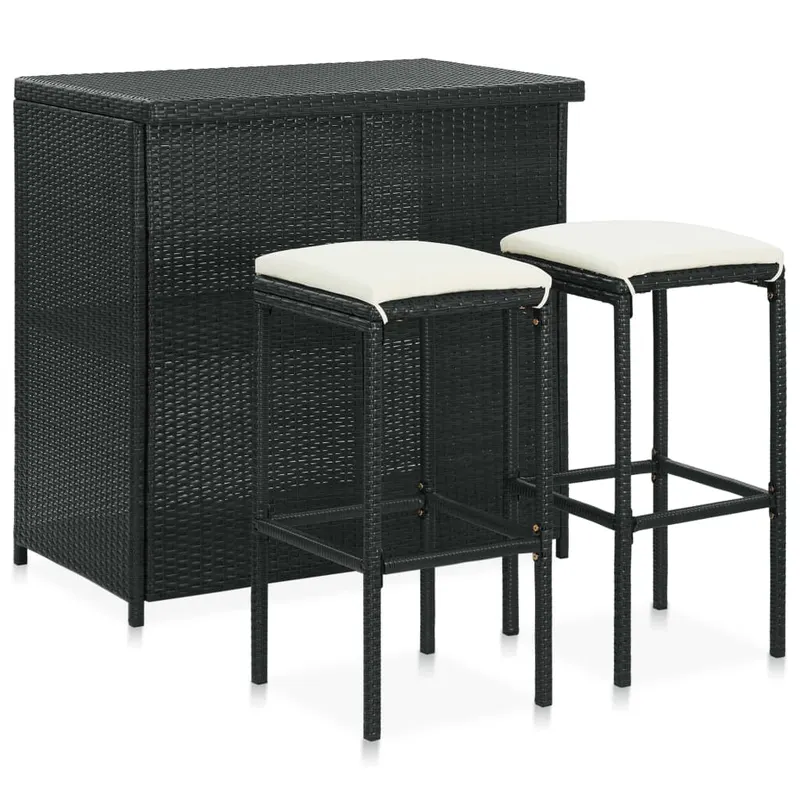 set mobilier de bar, 3 piese, negru, poliratan