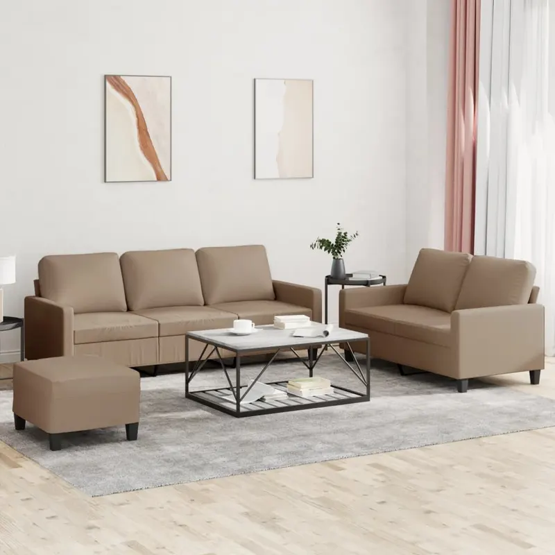 set de canapele cu perne, 3 piese, cappuccino, piele ecologica