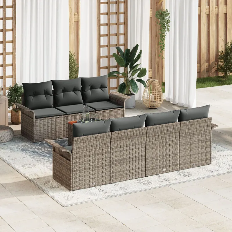 set 8 piese canapea gradina cu perne gri ratan polimeric acacia