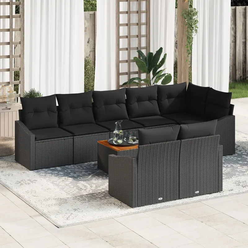 set de canapea de gradina cu perne 9 piese negru poliratan acacia