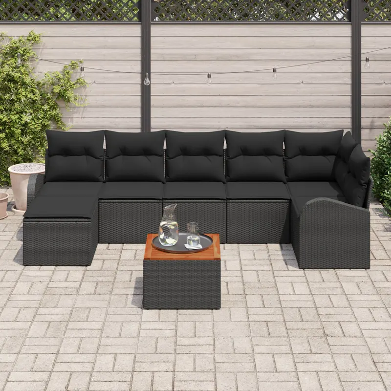 set canapea gradina cu perne, 8 piese, negru, poliratan, acacia