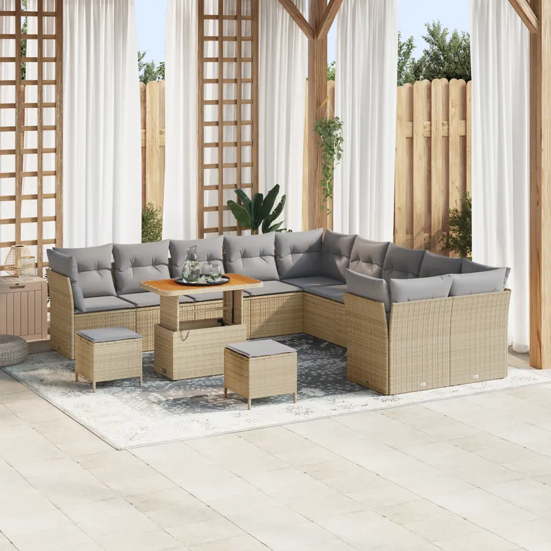 Set de canapea gradina cu 13 piese cu perne bej ratan poli acacia, set de dining gradina cu 3 piese cu perne bej ratan poli acacia