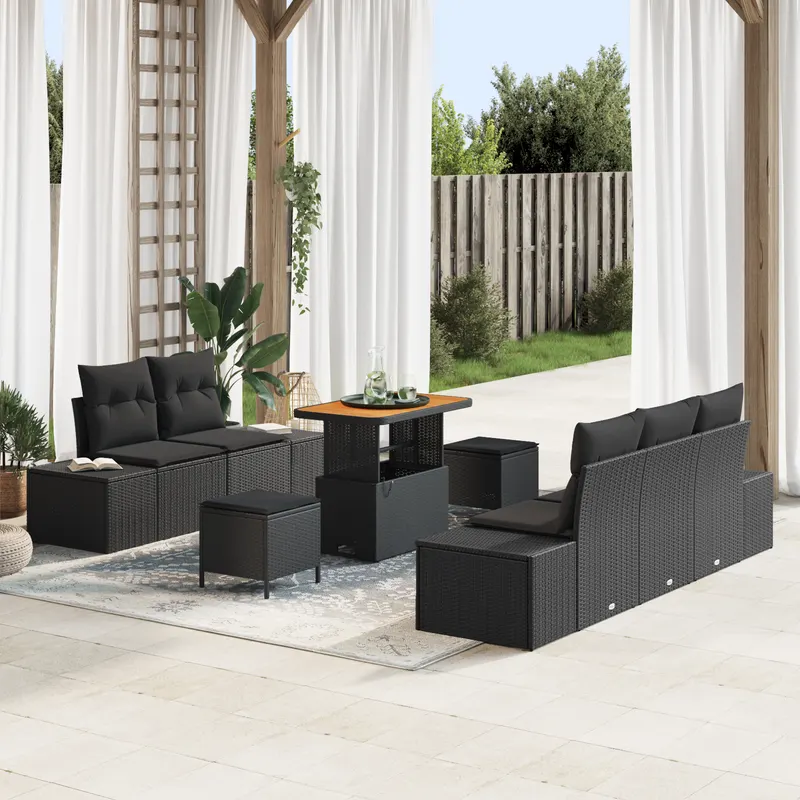 Set de canapea din gradina cu 8 piese cu perne negru poliratan acacia, canapea de gradina cu 2 locuri cu perne negru poliratan, set de dining de gradina cu 3 piese cu perne negru poliratan acacia