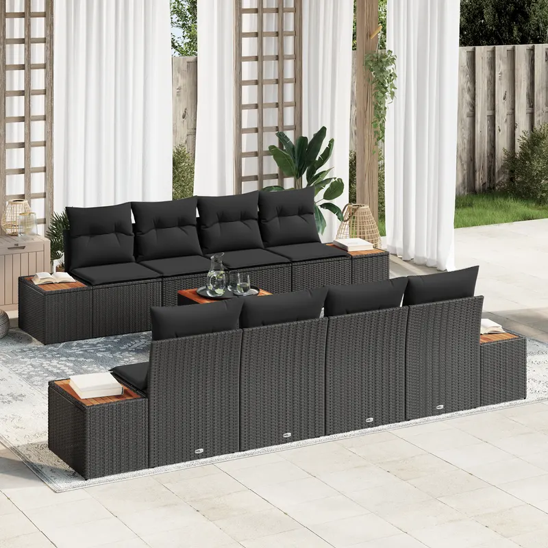 set canapea gradina 9 piese cu perne negru ratan poliester lemn acacia