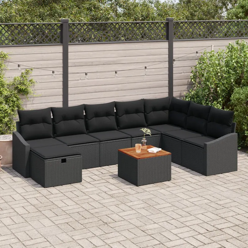 set canapea gradina cu 9 piese si perne, ratan negru