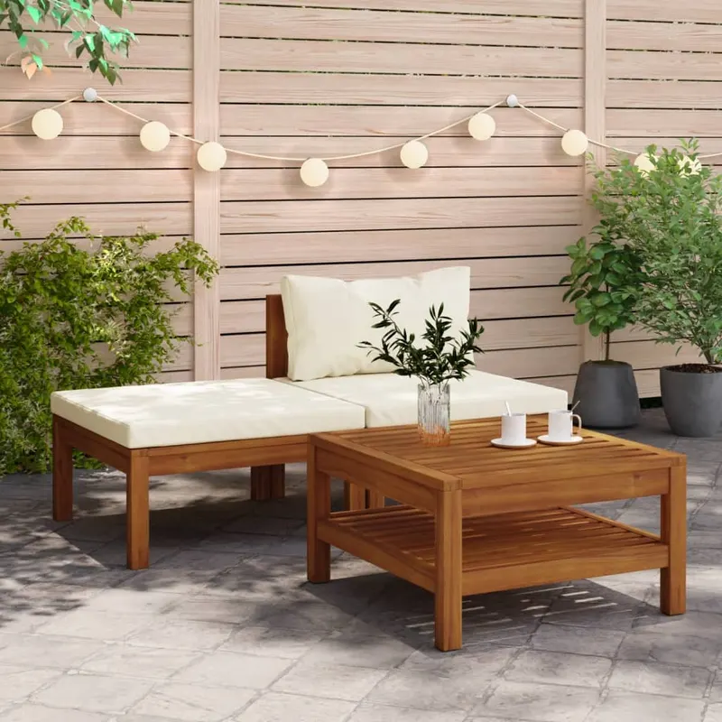 set mobilier gradina perne alb crem, 3 piese, lemn masiv acacia