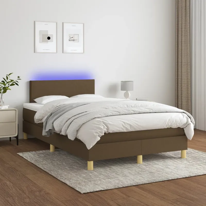 pat cu arcuri, saltea si led, maro inchis, 120x200 cm, textil