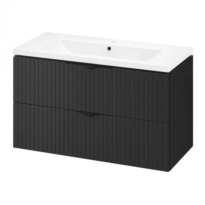 Set dulap baie suspendat 2 sertare lavoar inclus, 100 cm, riflaje 3D negru mat, MDF, Cersanit Tirso