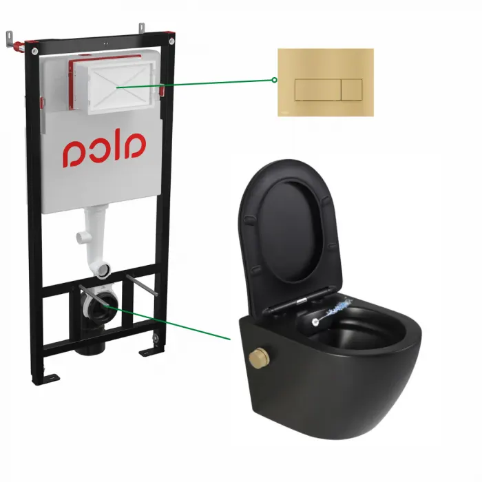 Set vas wc suspendat negru mat cu functie bideu si baterie inclusa auriu mat Oslo, rezervor incastrat si clapeta auriu mat, Alcadrain