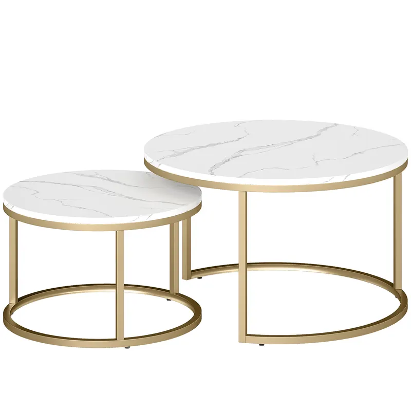 HOMCOM Set de 2 mese de cafea gigogne stivuabile design industrial blat cu aspect ciment picioare din metal alb
