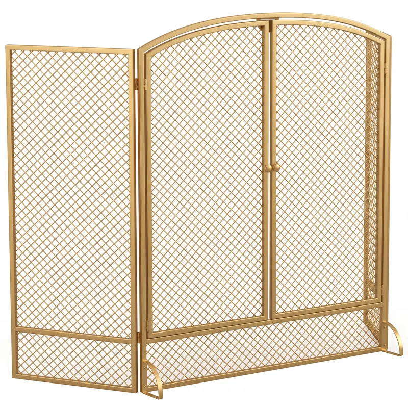 HOMCOM Grilaj de protecție pentru șemineu pliabil în 3 părți cu uși duble, grilaj metalic rezistent la căldură, auriu