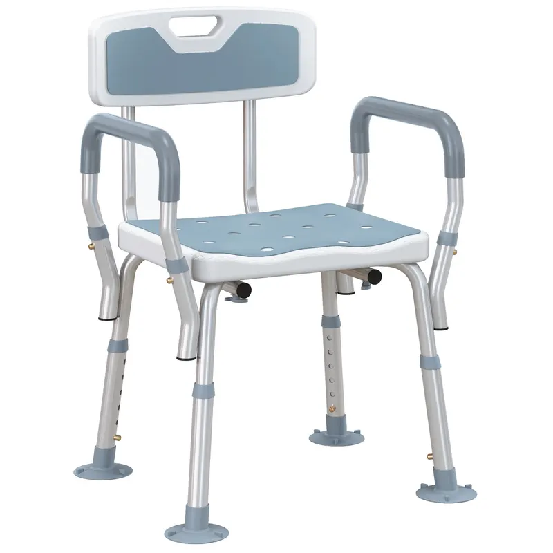 HOMCOM Taburet de duș scaun de duș ergonomic înălțime reglabilă picioare antiderapante 56,5 x 53,5 x 87 cm alb și albastru
