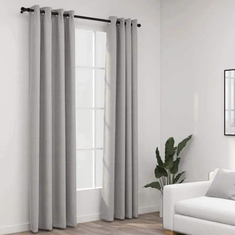 perdele opace, aspect panza, cu ocheti, 2 buc., gri, 140x225 cm