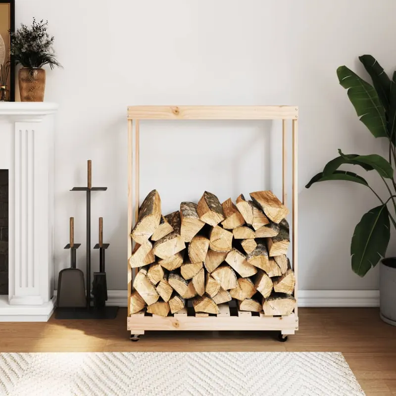 suport de busteni cu roti, 76,5x40x108 cm lemn masiv pin