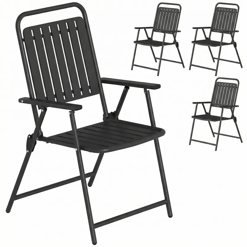 Outsunny Set de 4 scaune de grădină pliabile pentru exterior cu cotiere, spătar și șezut cadru metalic 55x63x93 cm negru