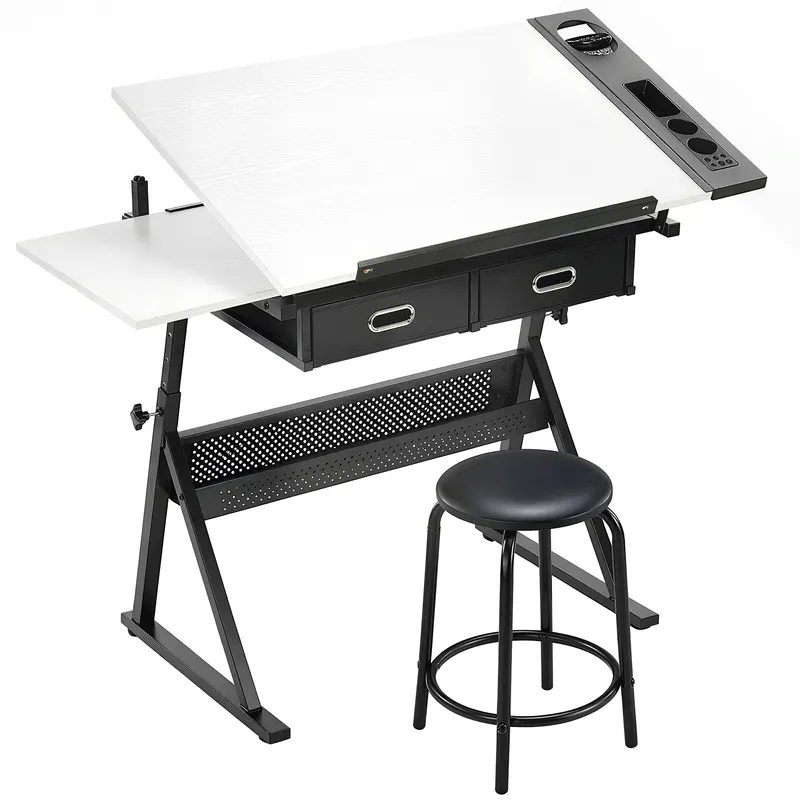 HOMCOM Masă de desen cu taburet și 2 sertare, înălțime reglabilă, blat înclinabil 0° à 60°, 120 x 60 x 68-92 cm, alb