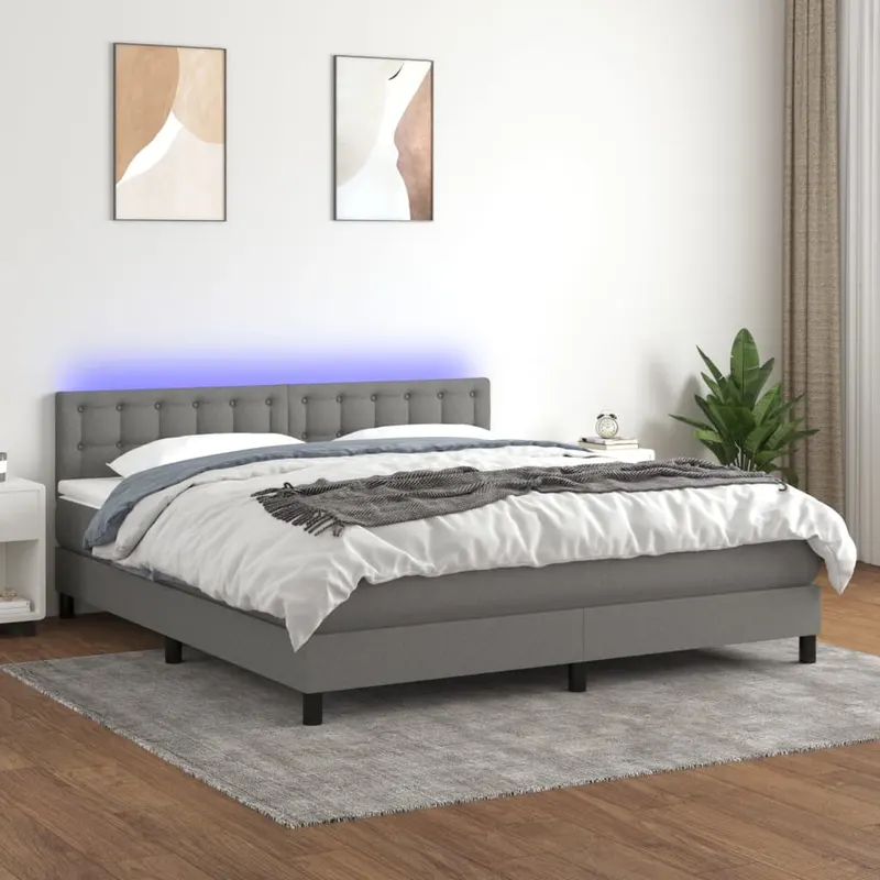 pat cu arcuri, saltea si led, gri inchis, 180x200 cm, textil