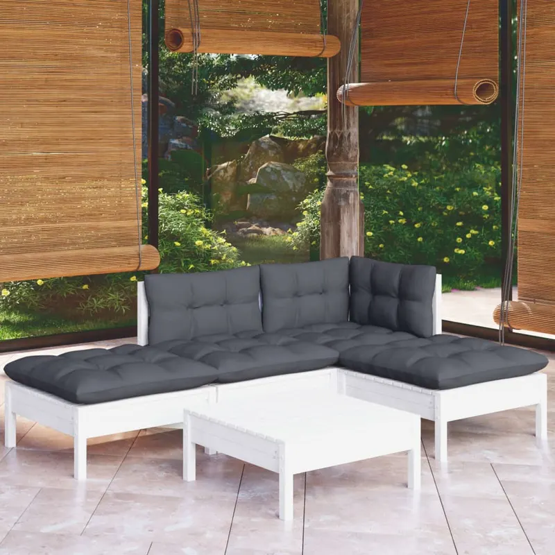 set mobilier gradina cu perne, 5 piese, alb, lemn de pin