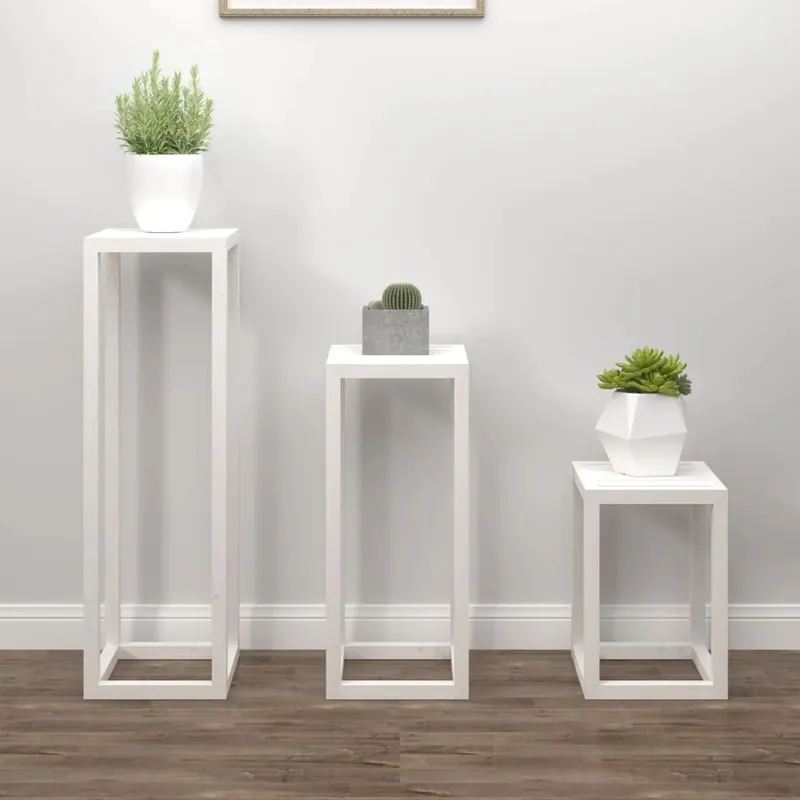 set suport de plante, 3 piese, alb, lemn masiv de pin