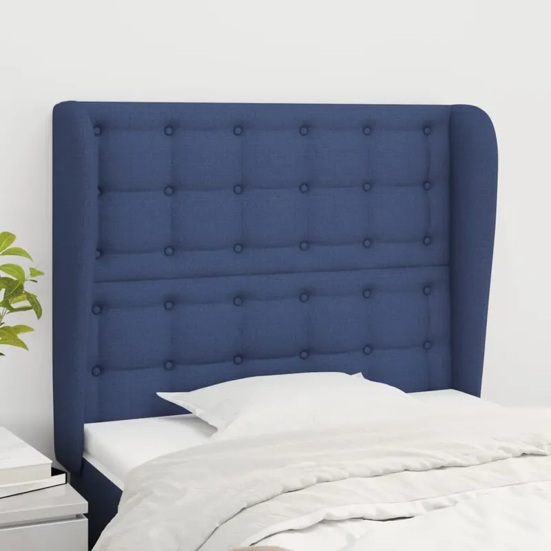 Tablie de pat cu aripioare, albastru, 93x23x118/128 cm, textil