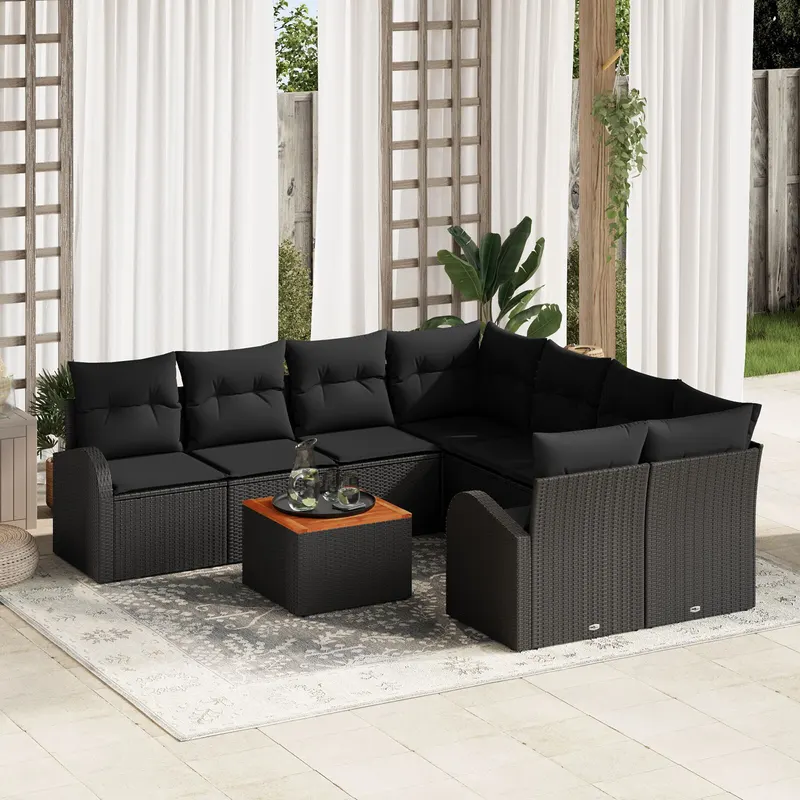 Set de canapea de gradina in 9 piese cu perne, negru, poliratan, acacia, canapea de gradina pentru 2 persoane, cu multe perne, negru, poliratan