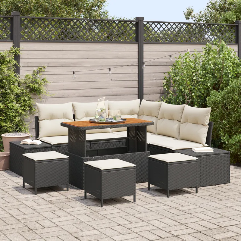 Set de canapea gradina cu perne negru poliratan acacia, canapea gradina cu 2 locuri cu spatiu de depozitare & perne negru poliratan, set de dining gradina cu 4 piese cu perne negru poliratan acacia