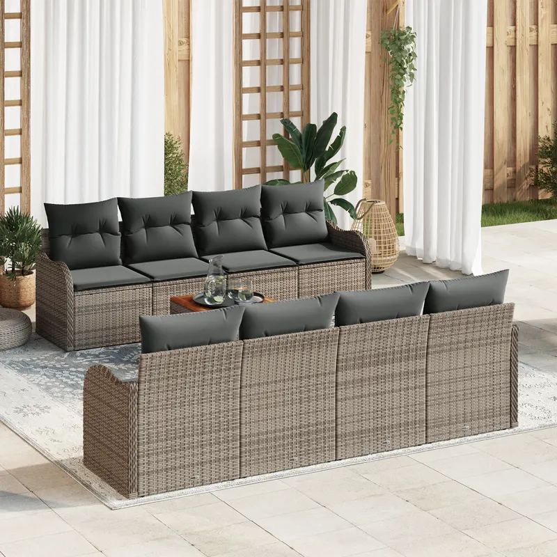 set de canapea gradina cu 9 piese cu pernite gri ratan polimeric acacia