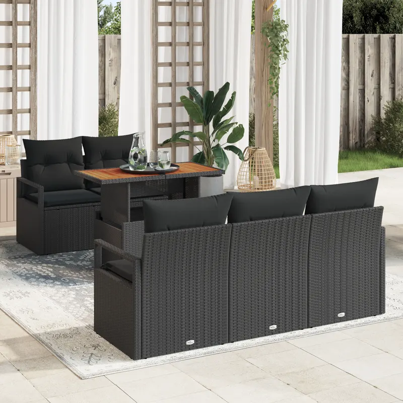 Set canapea gradina 6 piese cu perne negru ratan poli, canapea gradina 2 locuri cu storage si perne negru ratan poli