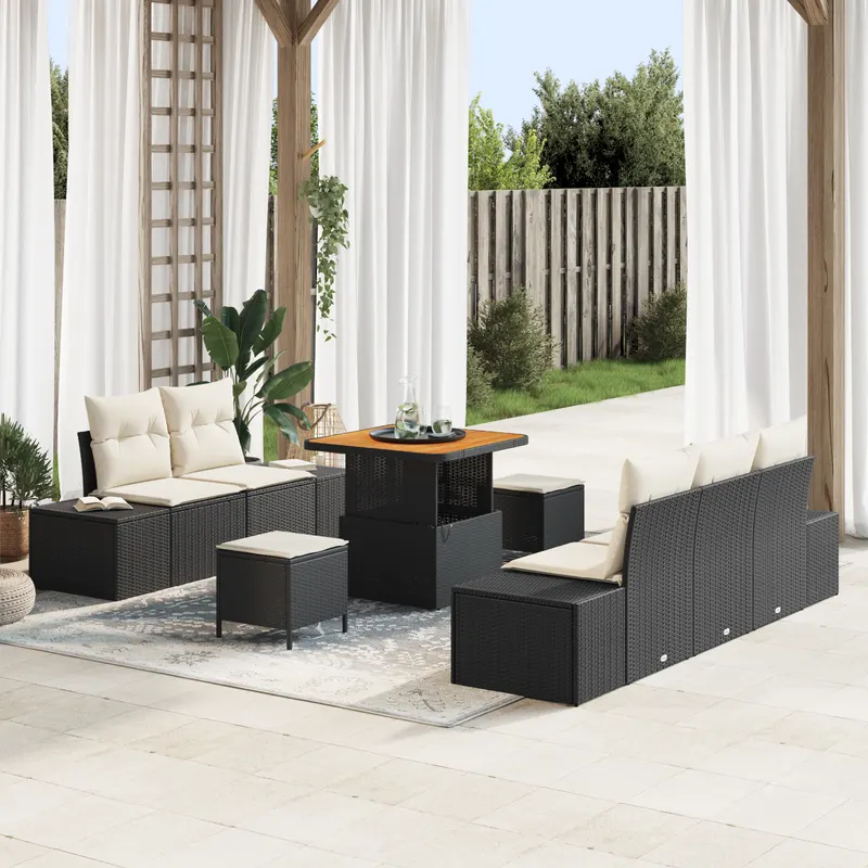 Set de canapea din gradina cu 8 piese cu perne negru ratan polimeric acacia, canapea din gradina cu 2 locuri cu perne negre ratan polimeric, set de dining din gradina cu 3 piese cu perne negre ratan polimeric acacia
