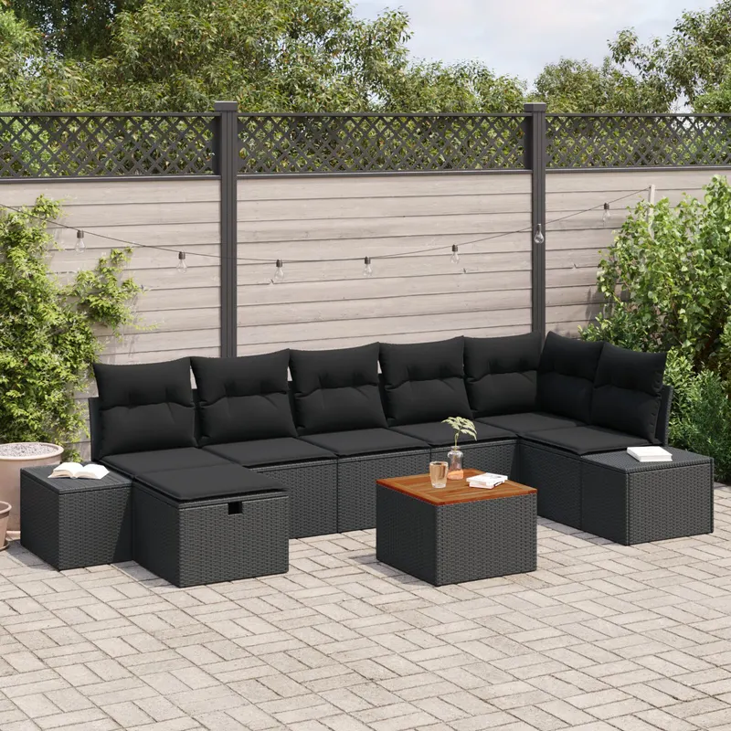set canapea gradina cu perne - 8 piese - negru - poliratan