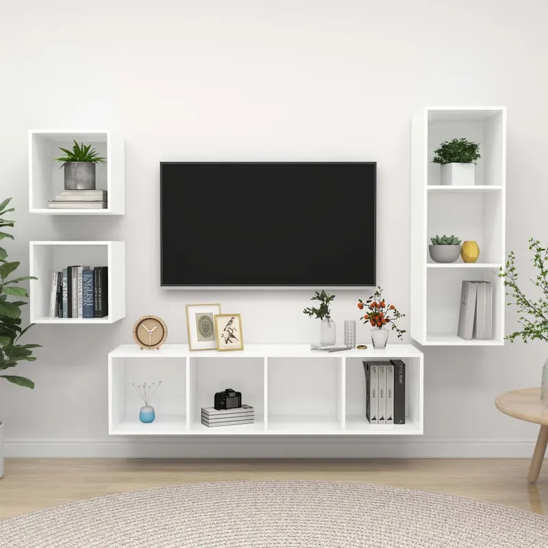 set de dulapuri tv, 4 piese, alb, lemn prelucrat