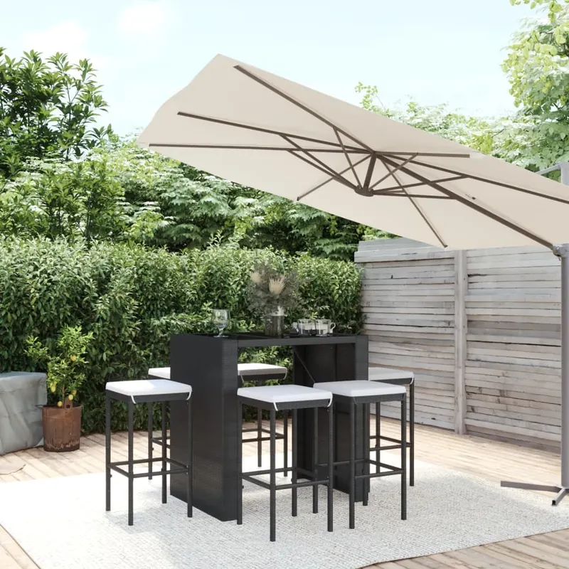 set bar de gradina, 7 piese, cu perne, negru, poliratan