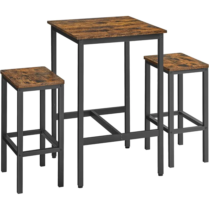 Set masa bar 2 scaune cadru otel blat lemn industrial, 120x60x90 cm, design modern, maro rustic