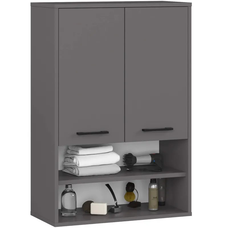Dulap baie suspendat, cu 2 usi si 2 rafturi deschise, PAL 16 mm, 64x30x94 cm, gri