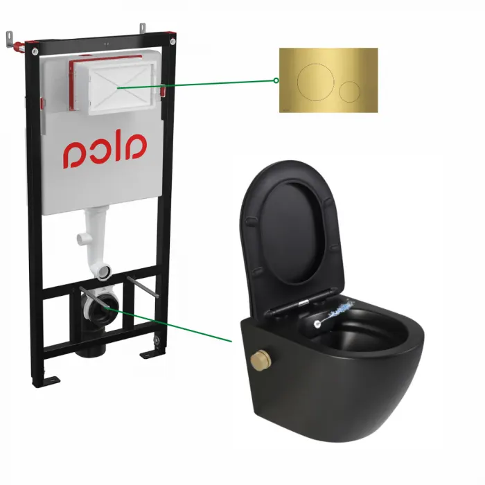 Set vas wc suspendat cu functie bideu si baterie inclusa auriu mat Oslo, rezervor incastrat si clapeta alama periata, Alcadrain