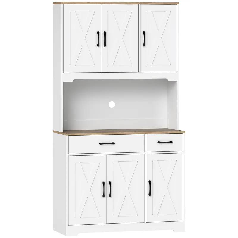 HOMCOM Bufet înalt bucătărie dulap de bucătărie cu 6 uși 2 sertare blat rafturi reglabile 94x39,5x175,2cm alb