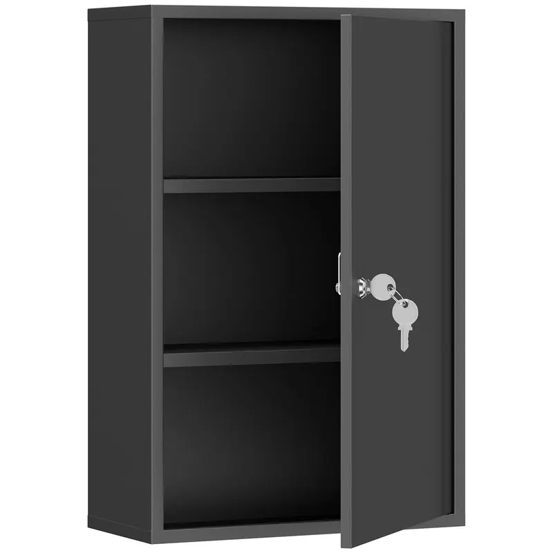 kleankin Dulap pentru Medicamente cu 3 Niveluri din Metal, cu 2 Chei și Montare pe Perete, 40x18x60 cm, Negru
