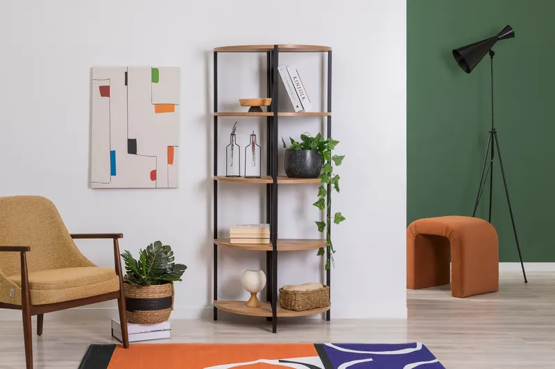 Bibliotecă Mona Rafix, Pin atlantic - Negru, 66x34x155 cm - Natural - Negru