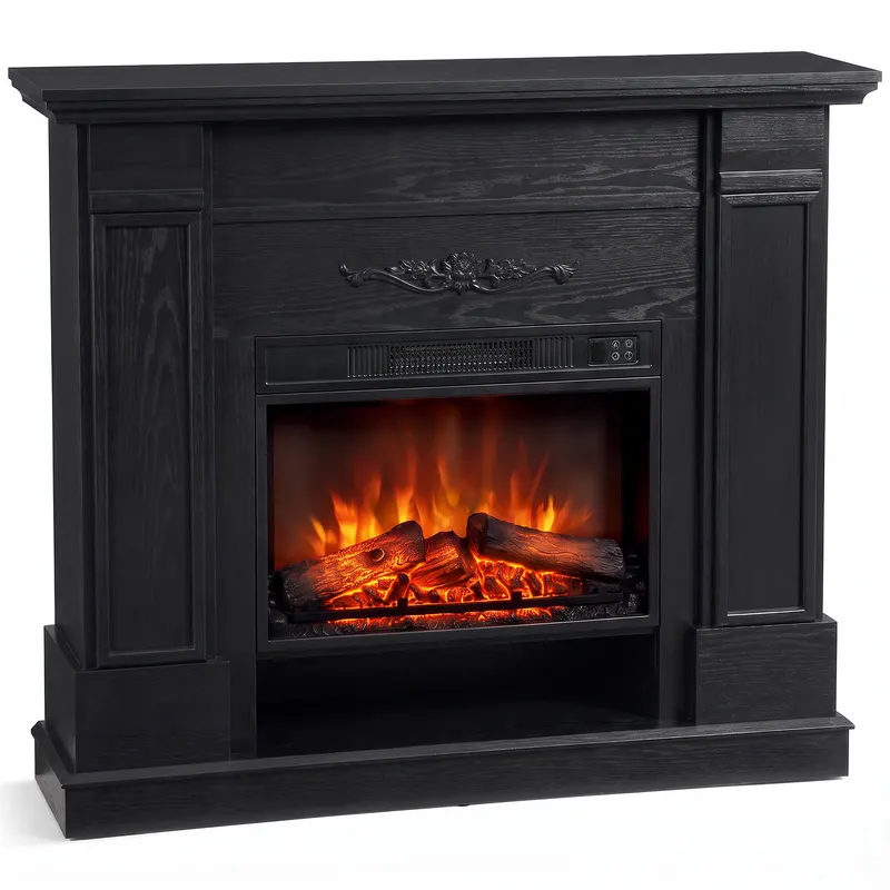 HOMCOM Șemineu electric de podea/încastrat, cu ramă și raft pentru TV 55 inch, 1800W, efect flacără 3D, timer, negru