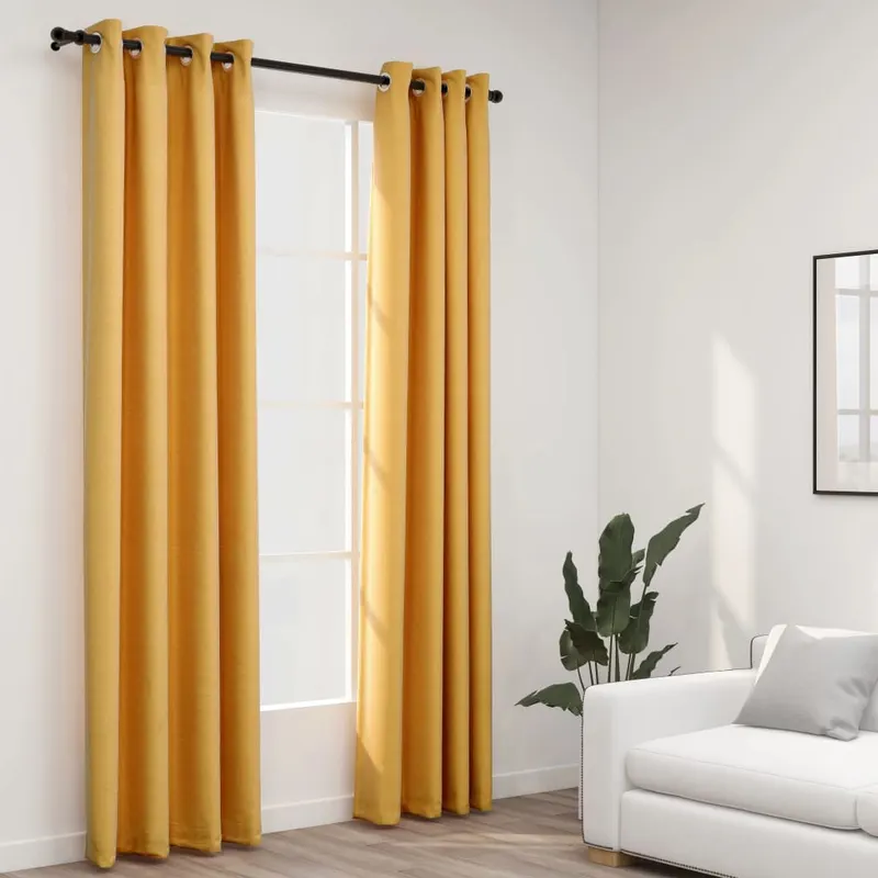 perdele opace, aspect panza, ocheti, 2 buc., galben, 140x245 cm