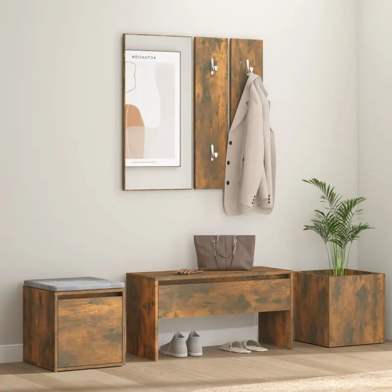 set de mobilier pentru hol, stejar fumuriu, lemn prelucrat
