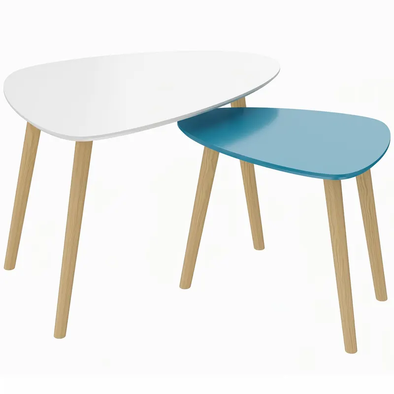 HOMCOM Set de 2 măsuțe nestingășești cu design scandinav picioare din lemn și blat din lemn, alb și albastru
