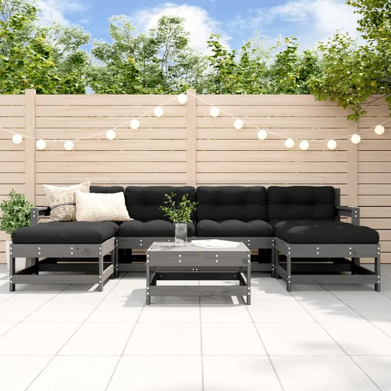 set mobilier de gradina cu perne, 7 piese, gri, lemn masiv